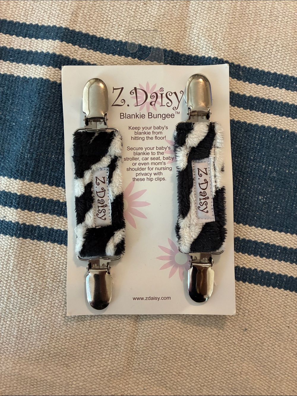 Daisy Zebra Black & White Faux Fur Blankie Bungee Clips (Set of 2)